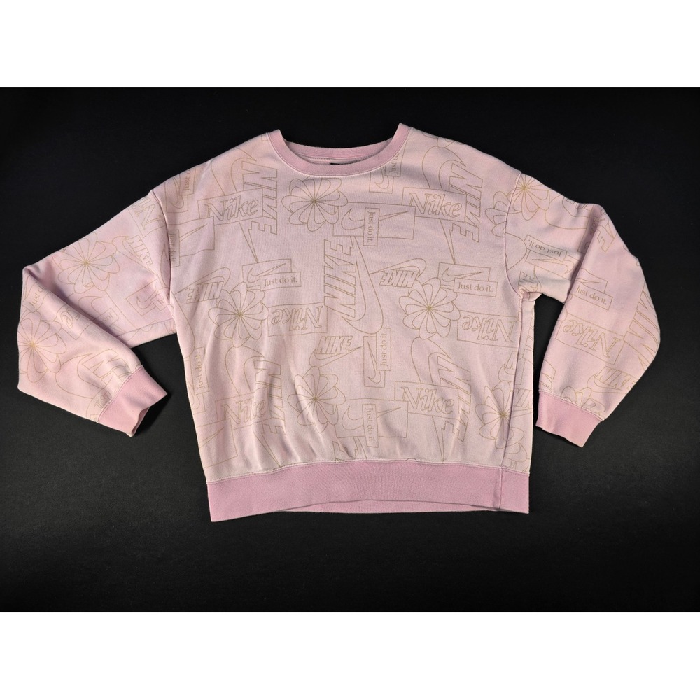 Nike Womens Pink Gold All Over Print Logo Floral Fleece Sweatshirt Large RN56323